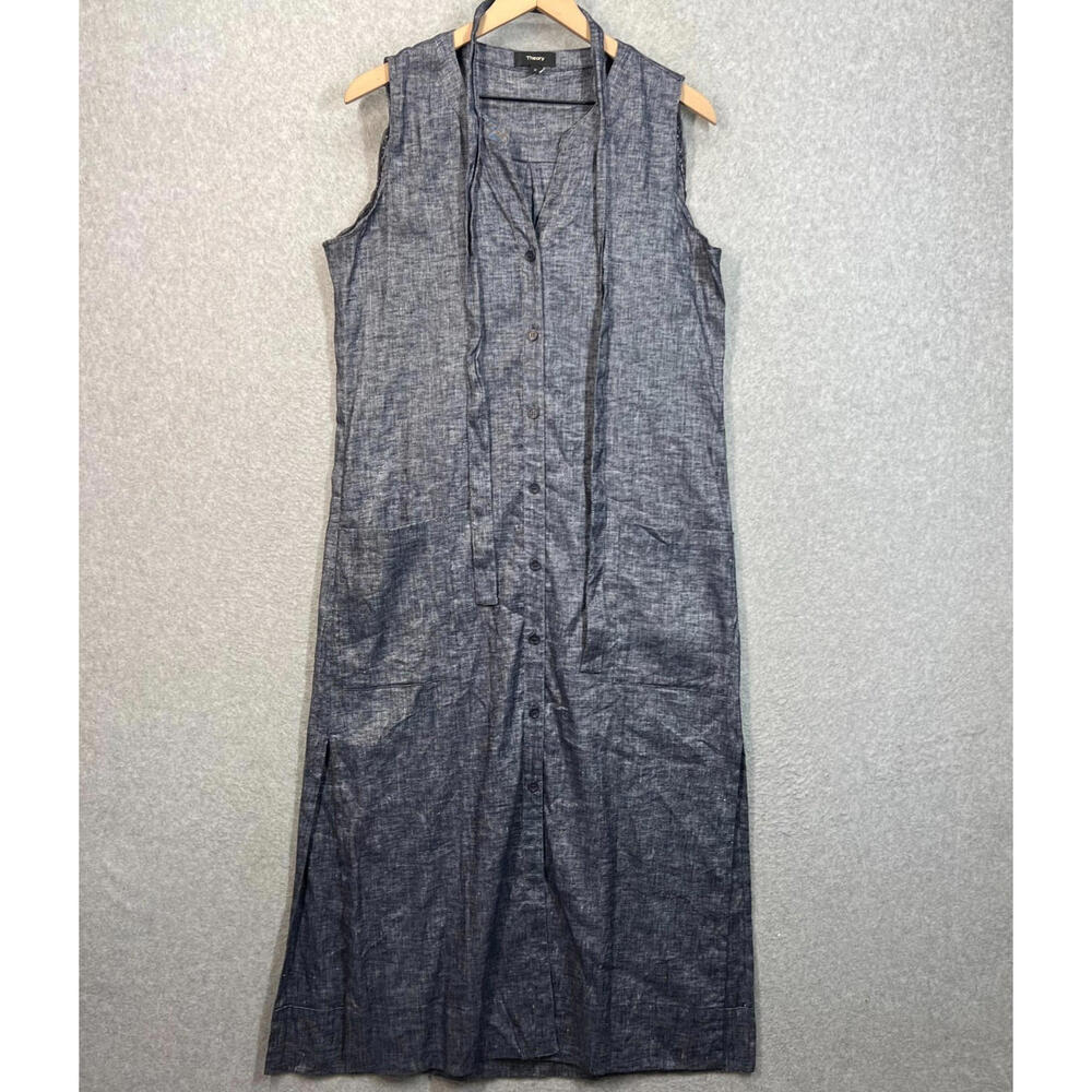 Theory‎ Narlica Sleeveless Linen Blend Chambray Shift Dress Deep Denim Womens 10